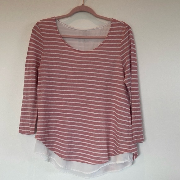 Soho New York & Company Jeans 3/4 Sleeve Blouse Split Back Pink White Stripe S - Picture 1 of 11